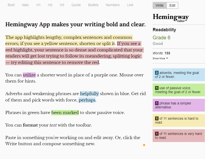 SEO Hemingway App text editor